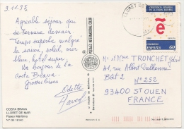 ESPAÑA - UNION EUROPEA - 1995 Yvert # 2973 POSTCARD From LLORET DE MAR To ST. OUEN - FRANCE - Cartas & Documentos