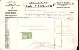 Factuur Brief Lettre Gent - Kolen - Jean Fauconnier - 1938 - 1900 – 1949