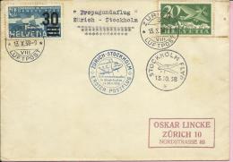 Airmail (Luftpost) Zurich-Stockholm / Stockholm Fly, 1938., Switzerland, Cover - Primi Voli