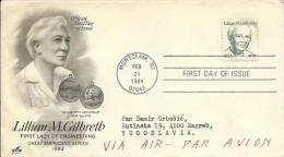 Air Mail - LILLIAN M. GILBRETH, Montclair - Zagreb (Yugoslavia), 1984., United States, FDC / Letter - 3c. 1961-... Covers