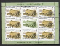 Romania 2010 / ROMANIA -WORLD PREMIERES (I) / Horizontal Wheel Mill, Mining Coach, Fountain Pen, Aerodinamic Automobile - Unused Stamps