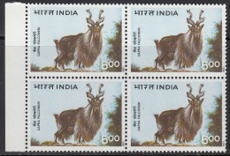 India MNH 1996, Block Of 4,  Himalayan Ecology Seires, 5.00  Markhor, Wild Goat, Wildlife, Animal, - Blokken & Velletjes