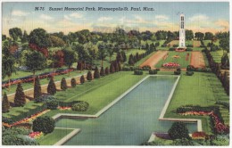 USA, MINNEAPOLIS - ST PAUL MN, SUNSET AT MEMORIAL PARK - 1940s MINNESOTA Linen Postcard [3975] - Minneapolis