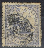 Sello 10 Cts Azul Alegoria Justicia 1874,   Fechador CARTAGENA (Murcia), Num 145 º - Usati