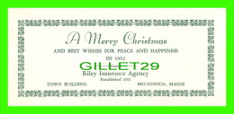 BLOTTER - BUVARD - RILEY INSURANCE AGENCY, BRUNSWICK, MAINE -  A MERRY CHRISTMAS IN 1952 - DIMENSION 9 X 19.5 Cm - - - Bank & Insurance