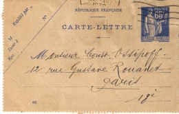 CARTE LETTRE .  PAIX  65Cts  BLEU ...365 CL1.... 1939.. BE. - Letter Cards