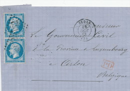 937/20 --  Lettre Tarif 40 C - 2 TP France GC SEDAN 1863 Vers ARLON - Marque De Passage FRANCE PAR BOUILLON - Transit Offices