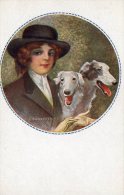 [DC8556] ILLUSTRATORE MONESTIER C. DONNA CON CANI LEVRIERI - CARTOLINA FORMATO PICCOLO - Monestier, C.