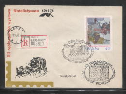 POLAND 1975 XII PHILATELIC EXPO 25 YEARS COMM CVR 2 CANCELS RARE REGISTRATION LABEL STAGECOACH HORSE CARRIAGES POSTHORN - Diligences