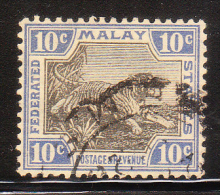 Federated Malay States 1922-32 Tiger 10c Used - Federated Malay States