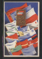 POLAND 1951 SPARTARKIADA SPORTS CHAMPIONSHIPS MULTIPLE FLAGS AND SPARTKADIA BADGE Mining Miners - Other & Unclassified