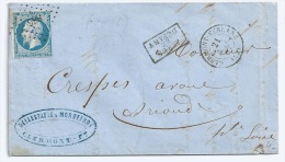 N° 14 BLEU NAPOLEON SUR LETTRE  / CLERMONT FERRAND PUY DE DOME POUR BRIOUDE / 21 NOV 1857 - 1849-1876: Classic Period