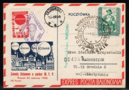 POLAND 1962 (24 JUNE) BALLOON CHAMPIONSHIPS FOR 31ST POZNAN INTERNATIONAL TRADE FAIR WARSZAWA BALLOONS FLOWN CARD - Palloni