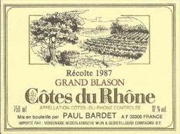 CÔTES-DU-RHÔNE Grand Blason Paul Bardet - Etiquette Neuve Pour L´exportation - Côtes Du Rhône