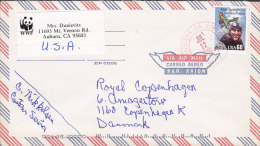 United States Airmail Par Avion AUBURN (Ca.) 1999 Cover Brief To Denmark WWF Label Eddie Rickenbacker Aviation Pioneer - 3c. 1961-... Covers