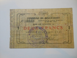 Aisne 02 Bellicourt , 1ère Guerre Mondiale 2 Francs 29-5-1915 - Bons & Nécessité