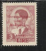 MONTENEGRO 1942 GOVERNATORATO RED OVERPRINTED SOPRASTAMPA ROSSA LIRE 3 D MNH - Montenegro