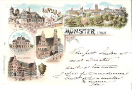 Lithographie-Gruss Aus Münster (Muenster-Westphalie-Allemagne)-+/- 1900-DOM-Königl.Akademie-Regierung-Rathhaus- - Muenster