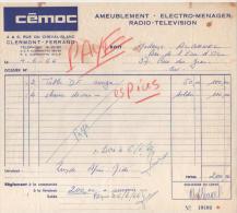 FACTURE CEMOC à CLERMONT FERRAND 1966 AMEUBLEMENT  ELECTRO MENAGER RADIO TELEVISION - Electricité & Gaz