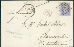 N°31 - 20 Centimes Bleu, Obl. LP 12 Sur Lettre D'ANVERS Le 25 Février 1870 Vers Grazweiler ((Aachen) + (verso) Griffe Bl - Grenzübergangsstellen