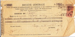 Reçu Société Générale - 1924 - Timbre Quittance 1 Franc - Banca & Assicurazione