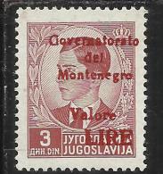 OCCUPAZIONE ITALIANA MONTENEGRO 1942 GOVERNATORATO RED OVERPRINTED SOPRASTAMPA ROSSA LIRE 3 D MNH - Montenegro