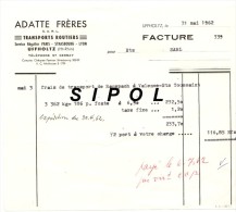 Adatte Frères Transports RoutiersUffholtz Haut Rhin Facture Du 31/5/1962 - Verkehr & Transport