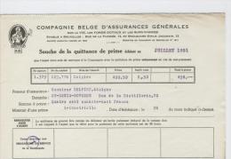 AG Souche Quittance Prime Delpire Adolphe St Denis Bovesse Juillet 1951 - Bank & Insurance