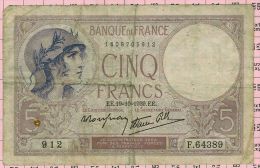 5 Francs Violet, Ref Fayette 4-12 TTB - 5 F 1917-1940 ''Violet''