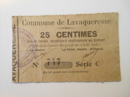 Aisne 02 Lavaqueresse , 1ère Guerre Mondiale 25 Centimes 15-6-1915 R - Bons & Nécessité