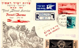 Israel-Burma 1957 "Air France" First Direct Service Registered Cacheted First Flight Cover  FFC / Erstflugbrief - Poste Aérienne