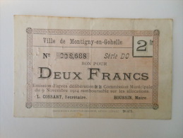 Pas-de-Calais 62 Montigny-en-Gohelle , 1ère Guerre Mondiale 2 Francs 9-11-1914 R3 ! TRES RARE ! - Bons & Nécessité