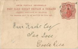 Postcard  London - San José Costa Rica           1892 - Storia Postale