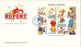 Guernsey FDC Scott #510 SG #MS606 Sheet Of 8 Different 16p, 24p Rupert Bear And Friends - Guernsey