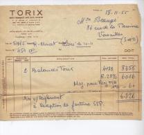 3 DOCUMENTS --TORIX FABRIQUE DE BALANCE AVEC TIMBRE FISCAUX  10F 1956--VERSAILLE  -.A80 - Automobil