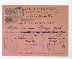 39/45--CREDIT LYONNAIS 1943-1942  SERVICE DES COFFRES FORTS VERSAILLE TIMBRES FISCAUX 15C/25C   -.A80 - Banca & Assicurazione