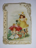 IM001 - Découpi Chromo Lithographié Et Gaufré - Enfants Avec Arrosoir, Parapluie Rouge, Poupée Et Poussette à Poupée - Infantes