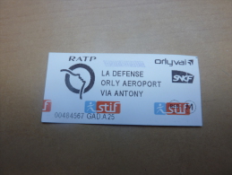 Ticket De Métro Stif PARIS(75) RATP Orlyval "LA DEFENSE ORLY AEROPORT VIA ANTONY" - Europe