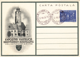 PHILATELIC EXHIBITION SIBIU 1938  POSTCARD,OBLITERATION 31.07.38,ROMANIA. - Cartas & Documentos