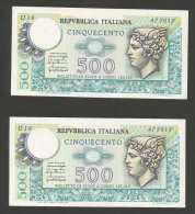 REPUBBLICA ITALIANA - 500 Lire - MERCURIO -  5 Banconote Serie Consecutiva - (Decr. 20/12 - 05/06 Del 1976) - 500 Liras