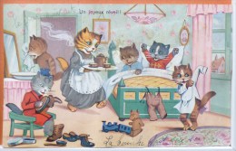 CPA Litho Illustrateur Famille Chats Chat Humanisé Un Joyeux Reveil Jeu Jouet Train Ours Peluche Lit Dejeuner - Gekleidete Tiere
