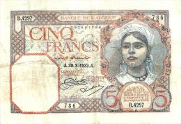 ALGERIA FRANCAICE 5 FRANCS ORANGE WOMAN FRONT & WOMAN BACK DATED 30-03-1933 P? AVF READ DESCRIPTION CAREFULLY !! !! - Algerien