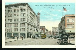 Milwaukee Wis. Grand Ave. East From Sixth Street Tramway Car USA Flag Hotel Wisconsin Nov-2-1925 - Milwaukee