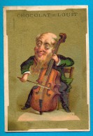 PUB. CHROMO,  DOREE, CHOCOLAT LOUIT, CARICATURE, INSTRUMENT DE MUSIQUE, VIOLONCELLE, TRE BON ETAT Ca 7 X 10.5 Cm - Louit