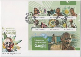 Mahatma Gandhi, Book, Banknote, Clock, Temple, Flower, FDC Mozambique - Mahatma Gandhi