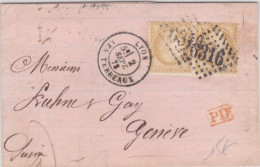 RHONE - 1873 - LETTRE De LYON Avec GC 6316 Pour GENEVE (SUISSE) - 1871-1875 Cérès