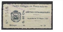 0338-SELLO FISCAL COLEGIO DE PROCURADORES DE MALAGA 50 CENTIMOS AÑO 1916 ESCUDO DIFERENTE SPAIN REVENUE FISCAUX - Fiscaux
