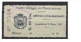 0338-SELLO FISCAL COLEGIO DE PROCURADORES DE MALAGA 50 CENTIMOS AÑO 1916 ESCUDO DIFERENTE SPAIN REVENUE FISCAUX - Revenue Stamps