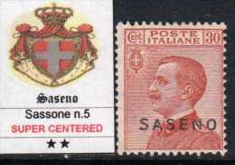 ITALY - SASENO N.5 -  Cat. 400 Euro - CENTRATISSIMO - GOMMA INTEGRA - MNH** - LUXUS POSTFRISCH - Saseno