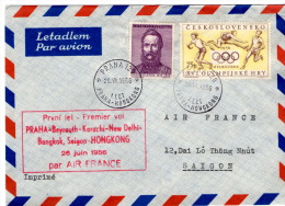 Premier Vol Air France_Prague/Praha-Hongkong Via Saigon (26.06.1956) Arrivée Saigon RP (28.06.1956) - Cartas & Documentos